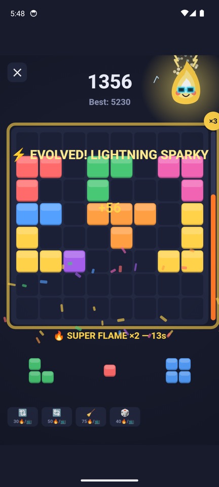 Block Spark! gameplay — Super Flame combo