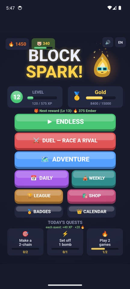 Block Spark! home — modes and quests